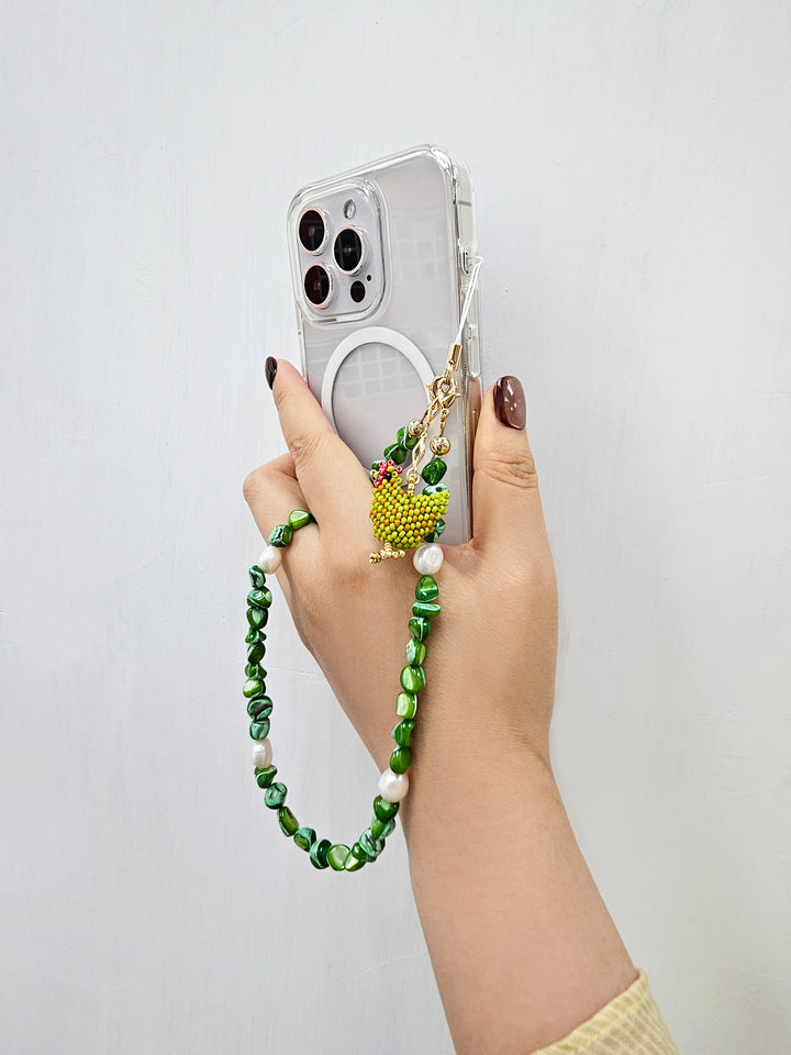 Green Shell With Beaded Chicken Phone Strap PC065