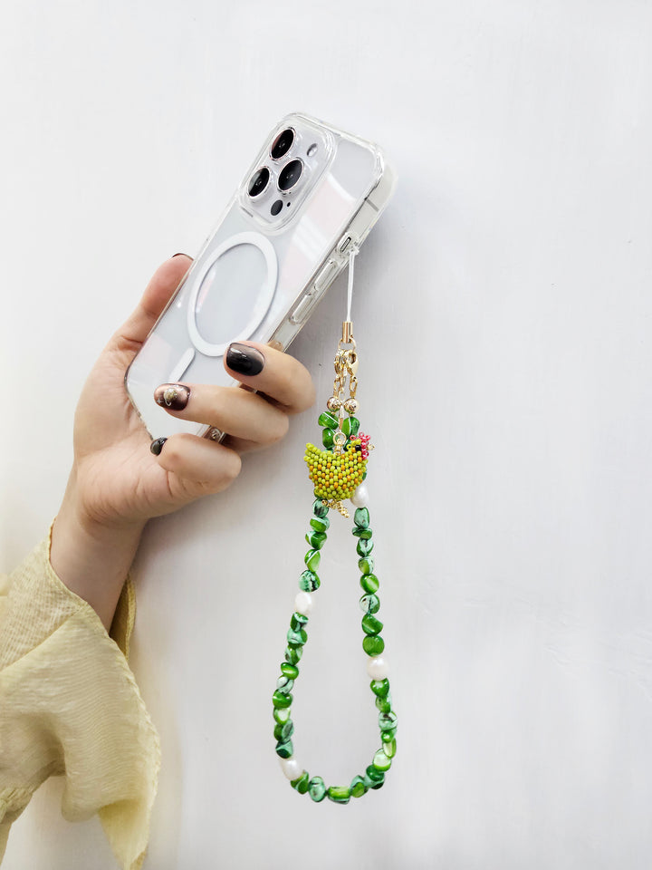 Green Shell With Beaded Chicken Phone Strap PC065