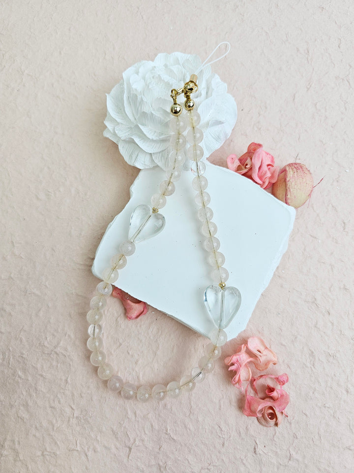 Rose Quartz With White Quartz Hearts Gemstone Phone Strap PC054