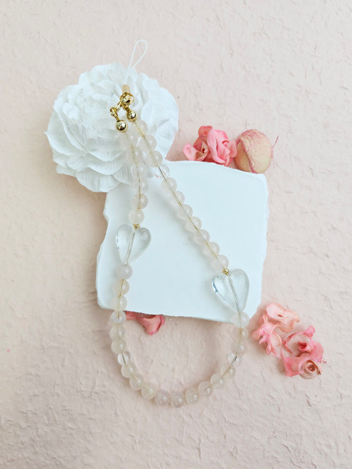 Rose Quartz With White Quartz Hearts Gemstone Phone Strap PC054