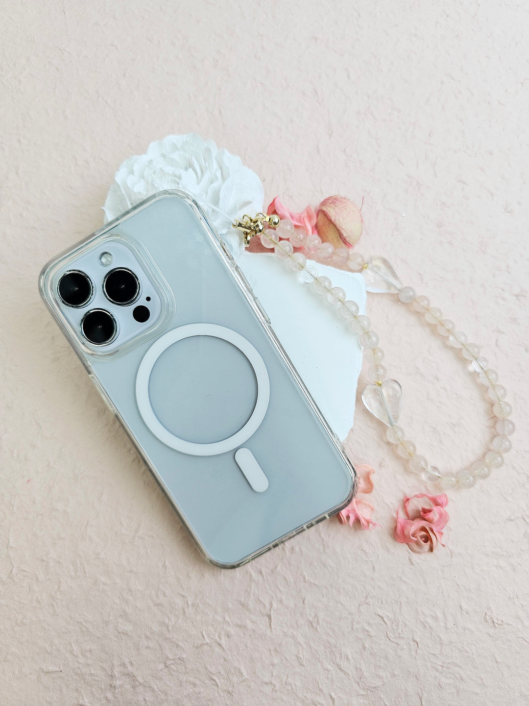 Rose Quartz With White Quartz Hearts Gemstone Phone Strap PC054