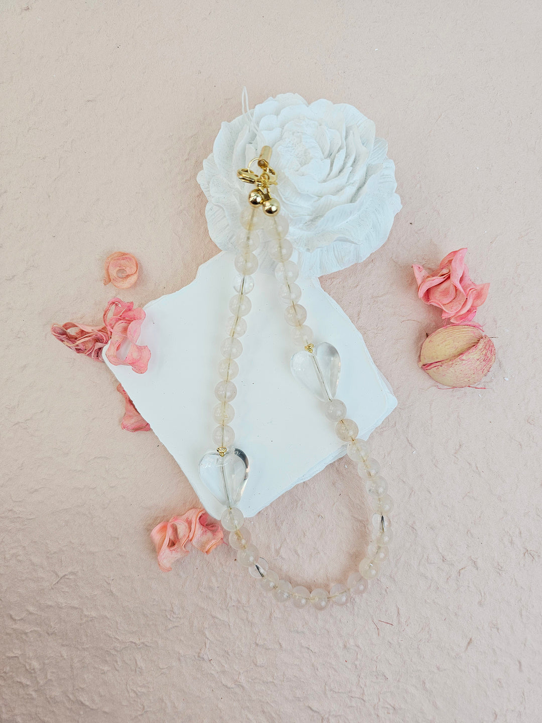Rose Quartz With White Quartz Hearts Gemstone Phone Strap PC054