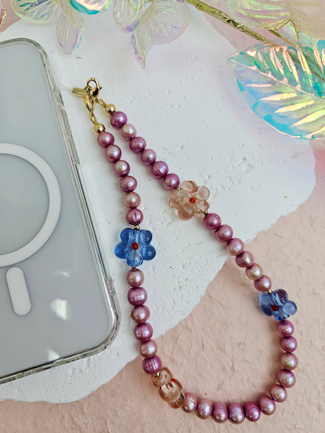 Pink Freshwater Pearls With Flowers Lovely Phone Strap PC056