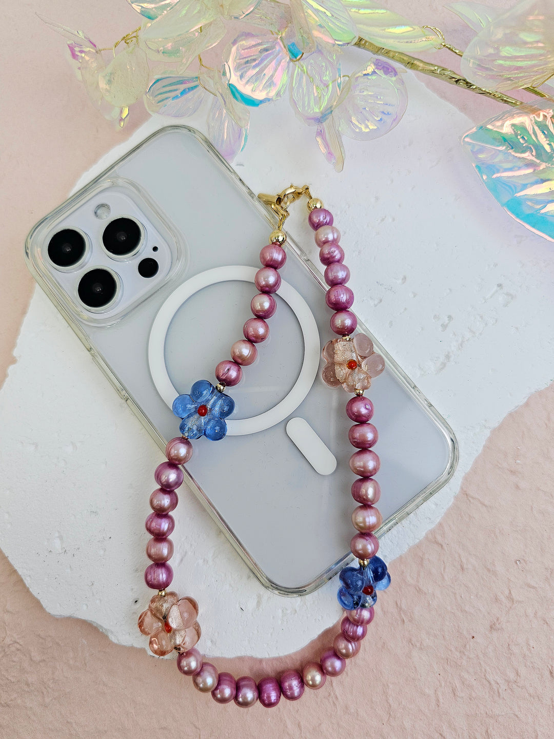 Pink Freshwater Pearls With Flowers Lovely Phone Strap PC056