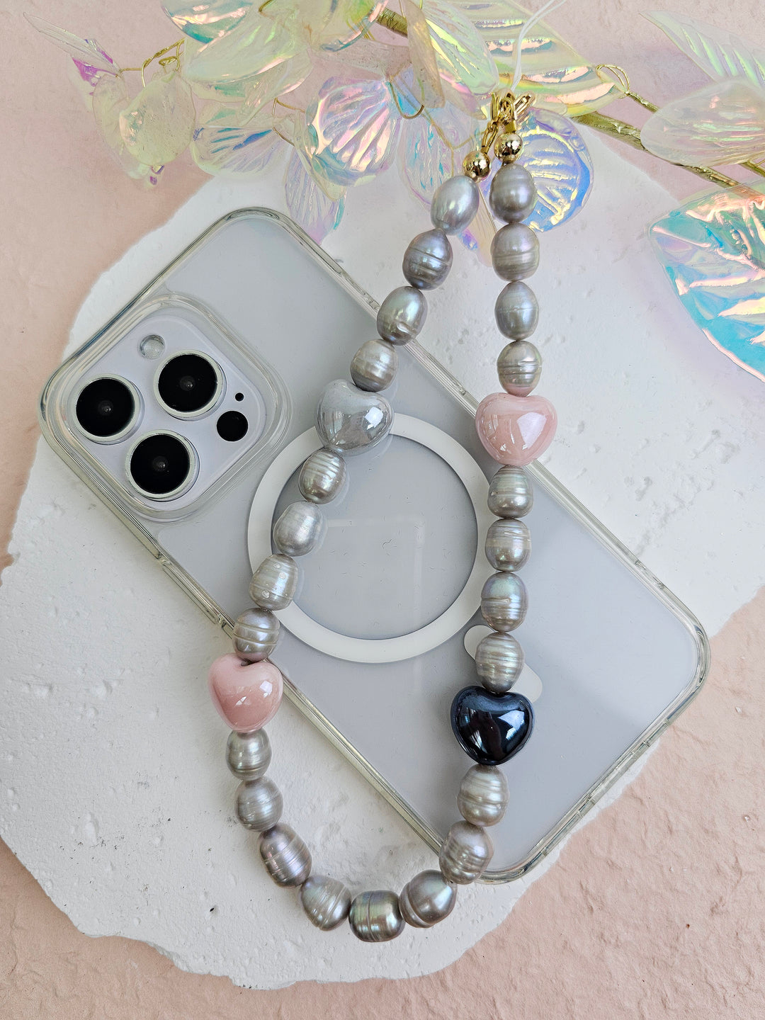 Gray Freshwater Pearls With Pink Ceramic Hearts Phone Strap PC047