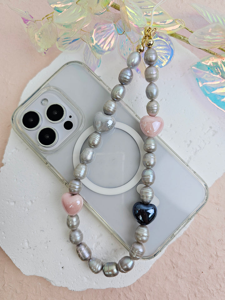 Gray Freshwater Pearls With Pink Ceramic Hearts Phone Strap PC047