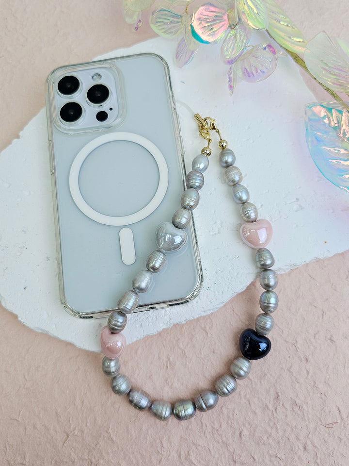 Gray Freshwater Pearls With Pink Ceramic Hearts Phone Strap PC047