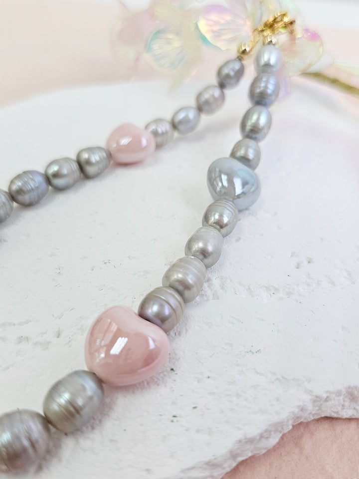 Gray Freshwater Pearls With Pink Ceramic Hearts Phone Strap PC047