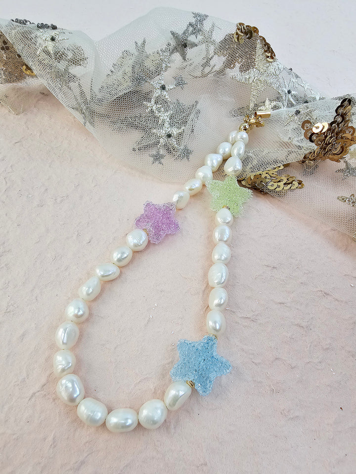 Playful Freshwater Pearls With Colorful Stars Phone Strap PC053