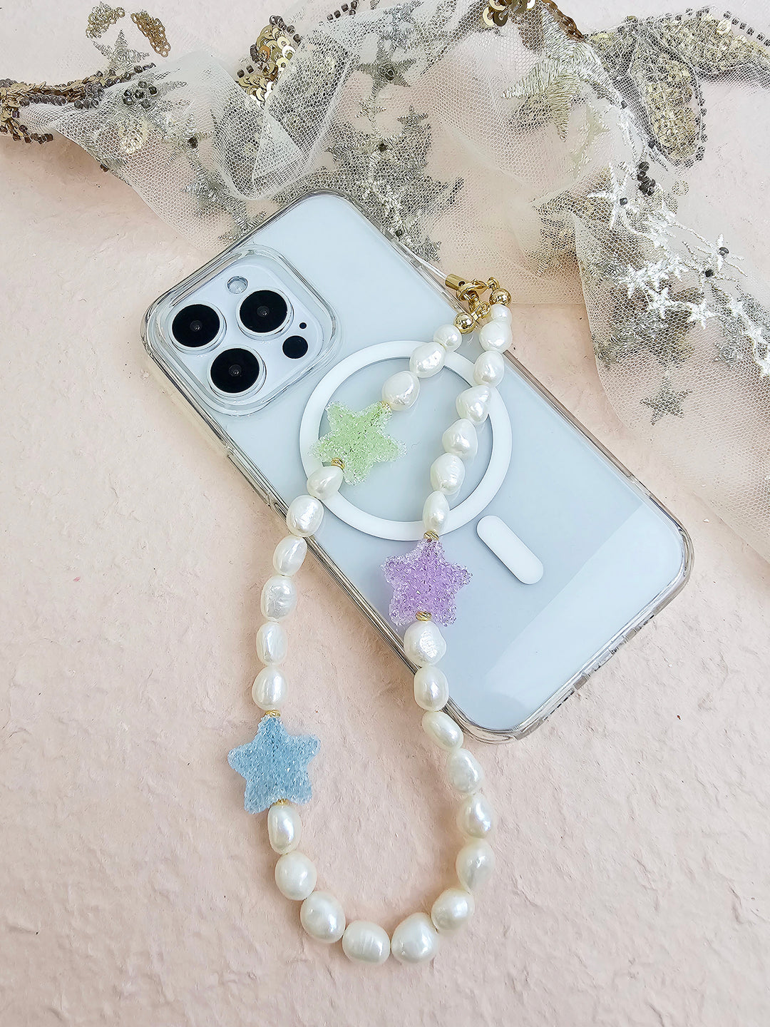 Playful Freshwater Pearls With Colorful Stars Phone Strap PC053