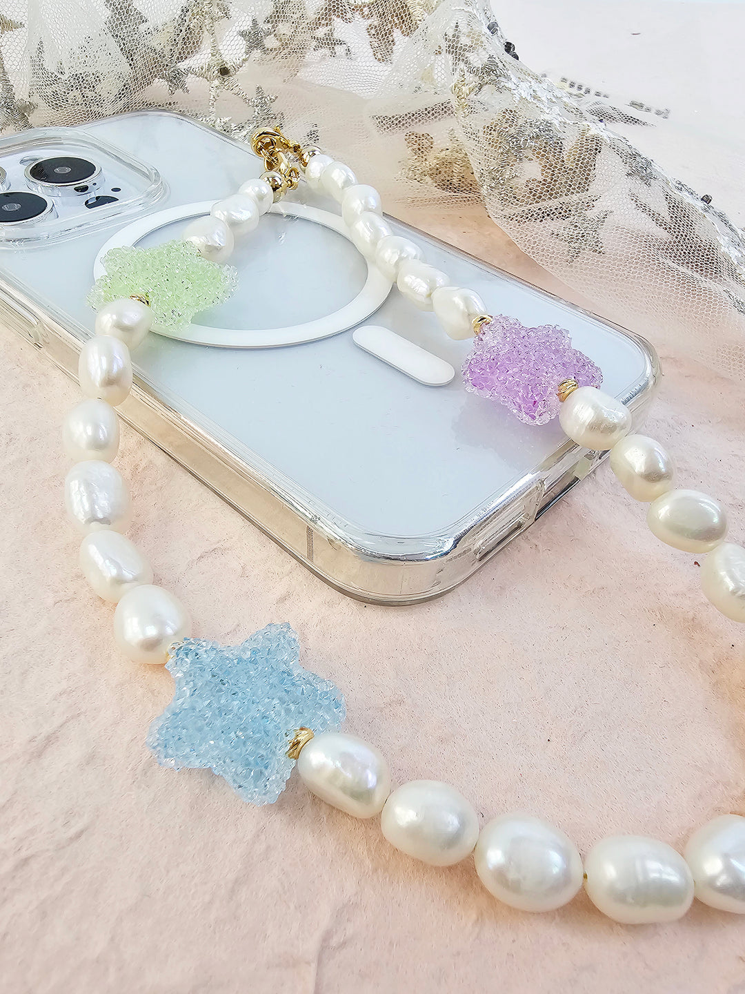 Playful Freshwater Pearls With Colorful Stars Phone Strap PC053