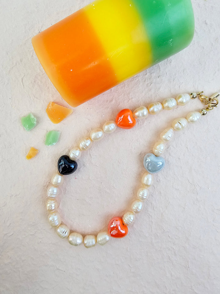 Orange Freshwater Pearls With Orange Ceramic Hearts Lovely Phone Strap PC046