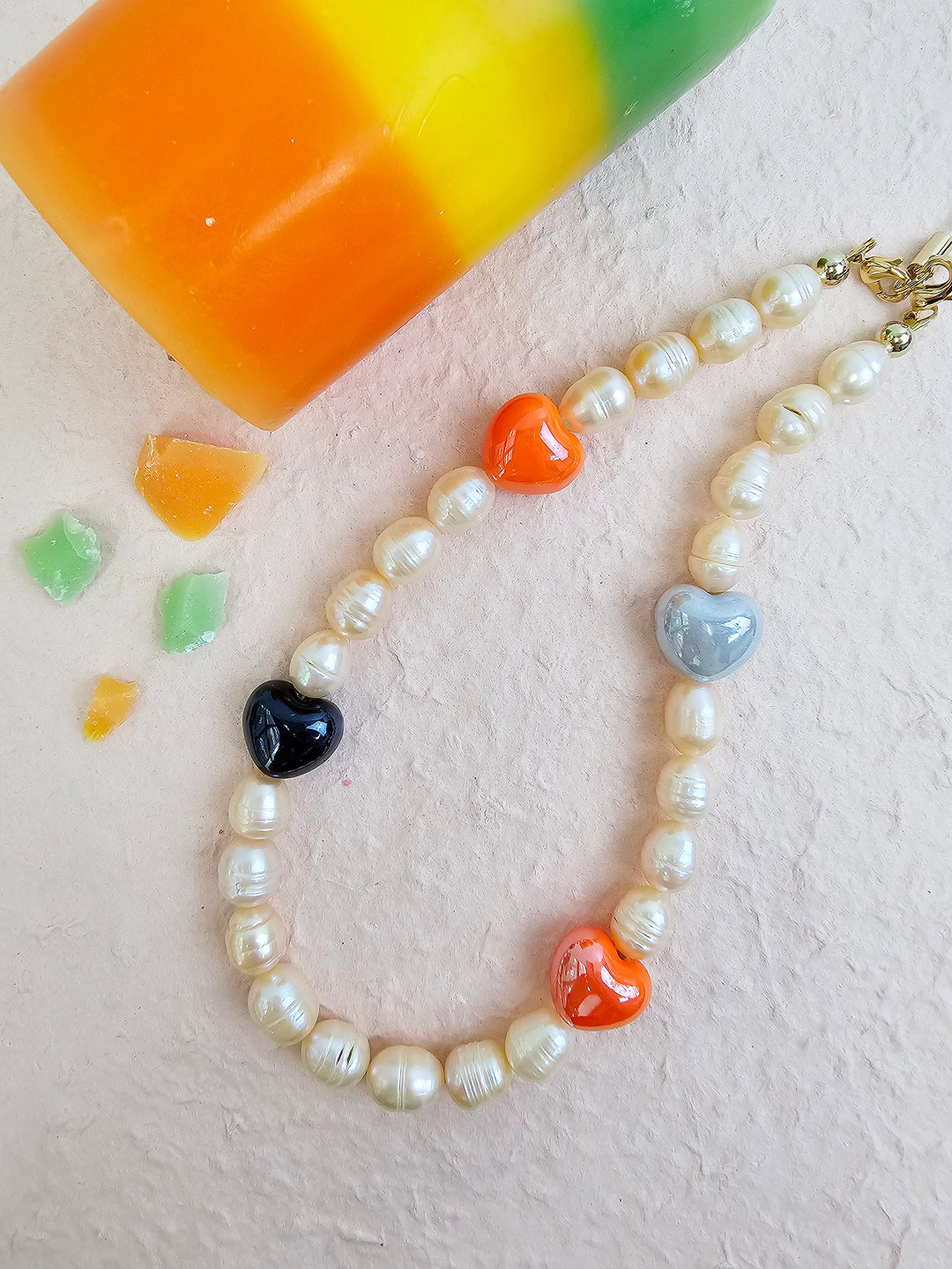 Orange Freshwater Pearls With Orange Ceramic Hearts Lovely Phone Strap PC046