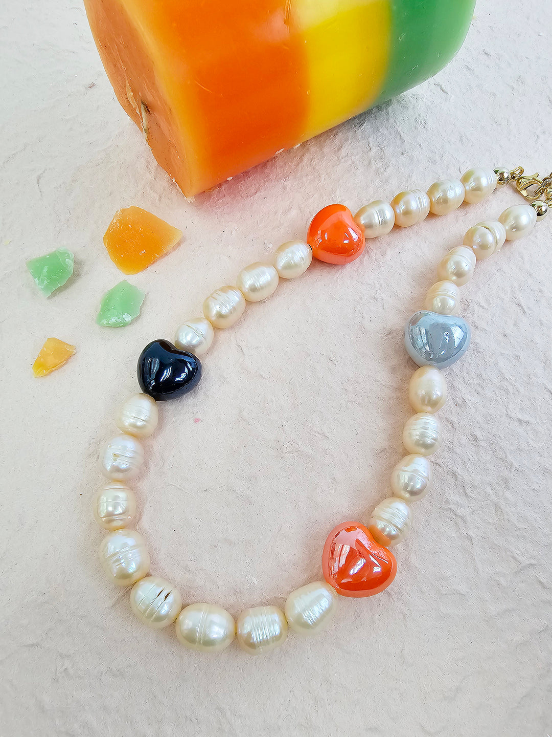 Orange Freshwater Pearls With Orange Ceramic Hearts Lovely Phone Strap PC046