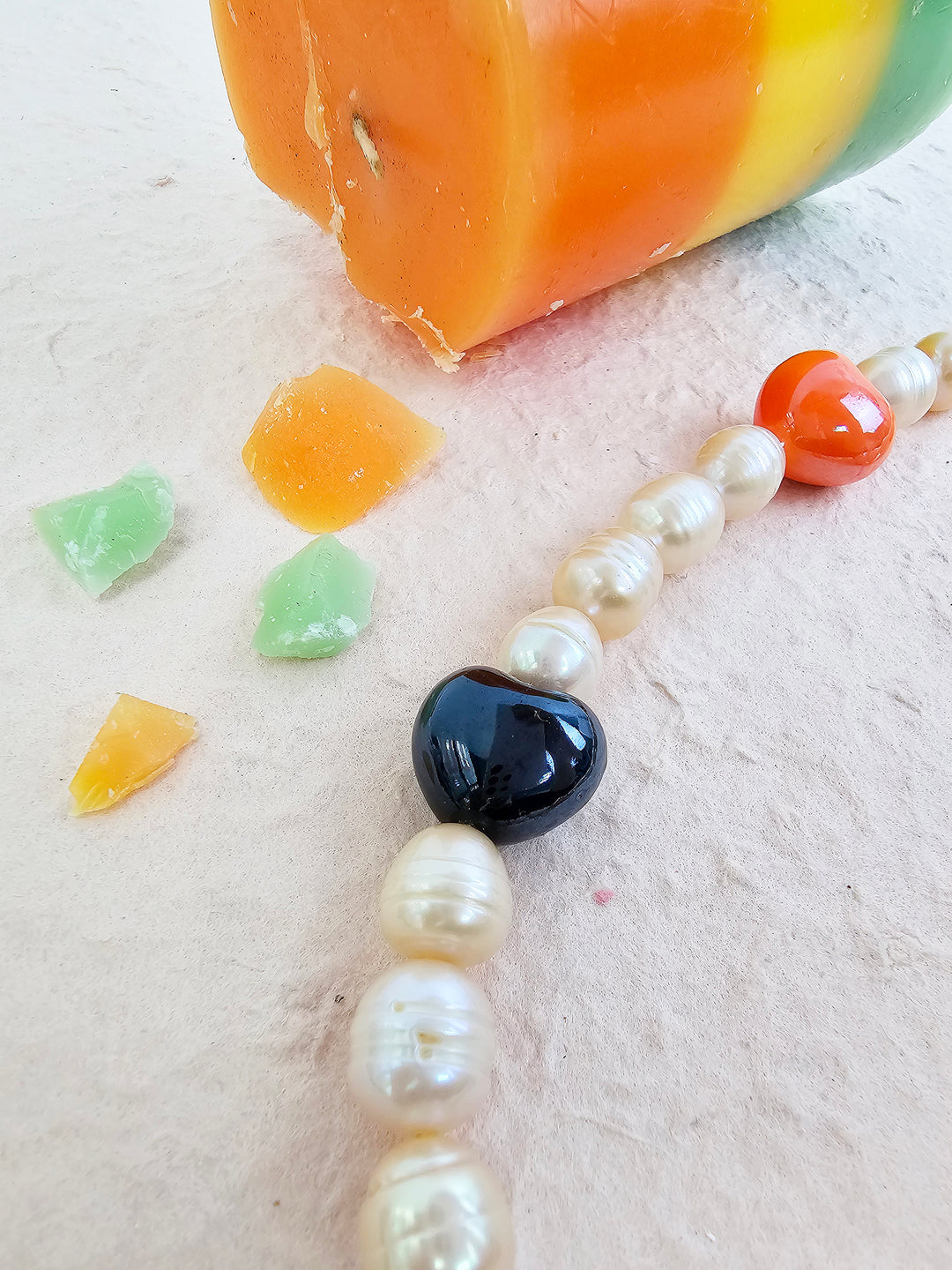 Orange Freshwater Pearls With Orange Ceramic Hearts Lovely Phone Strap PC046