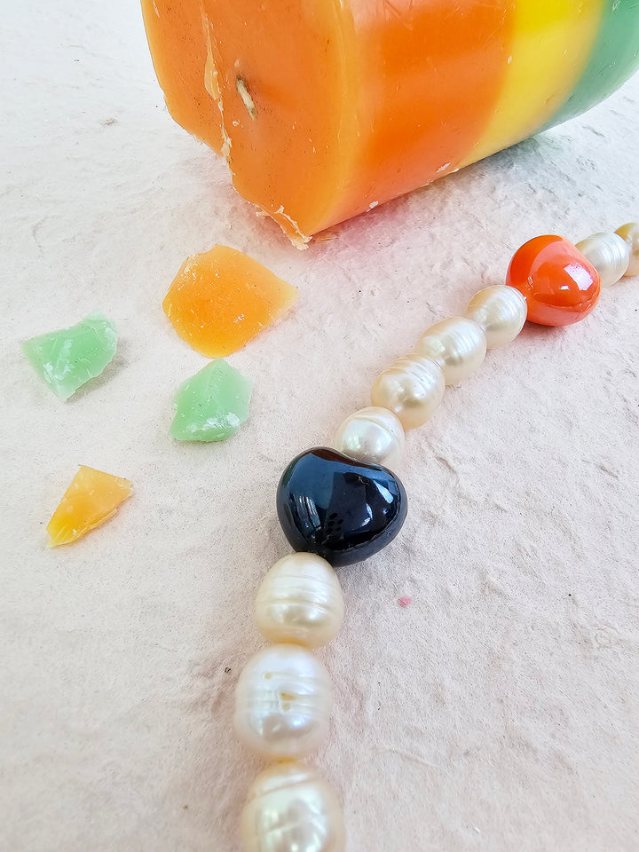 Orange Freshwater Pearls With Orange Ceramic Hearts Lovely Phone Strap PC046