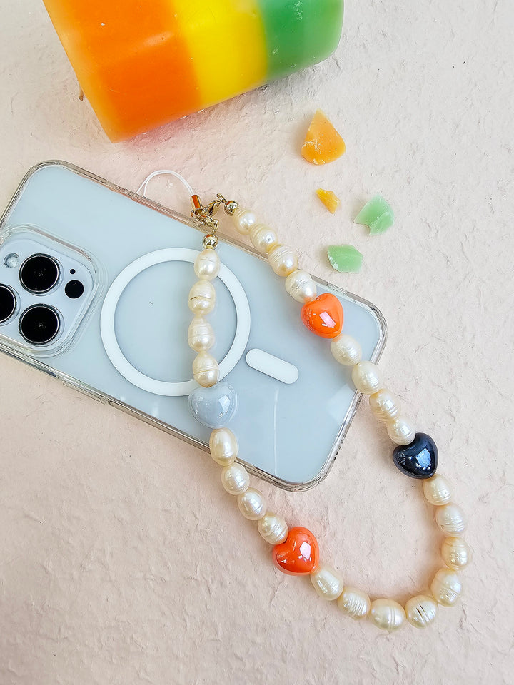 Orange Freshwater Pearls With Orange Ceramic Hearts Lovely Phone Strap PC046