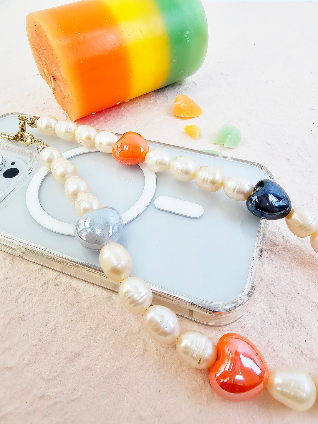 Orange Freshwater Pearls With Orange Ceramic Hearts Lovely Phone Strap PC046