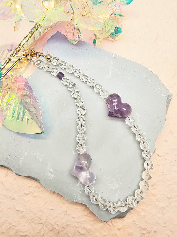 Heart-Shaped Amethyst and White Quartz Attracting Wealth Phone Strap PC040