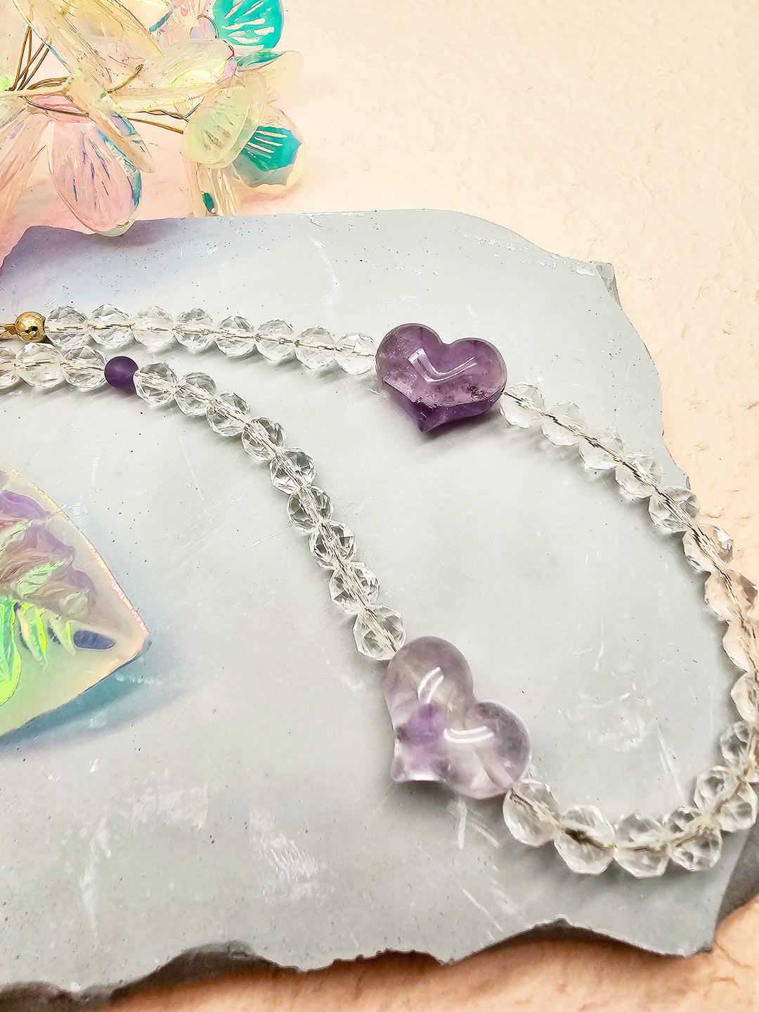 Heart-Shaped Amethyst and White Quartz Attracting Wealth Phone Strap PC040