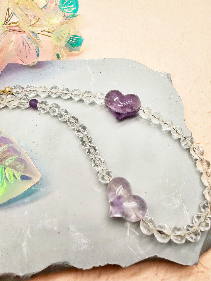 Heart-Shaped Amethyst and White Quartz Attracting Wealth Phone Strap PC040