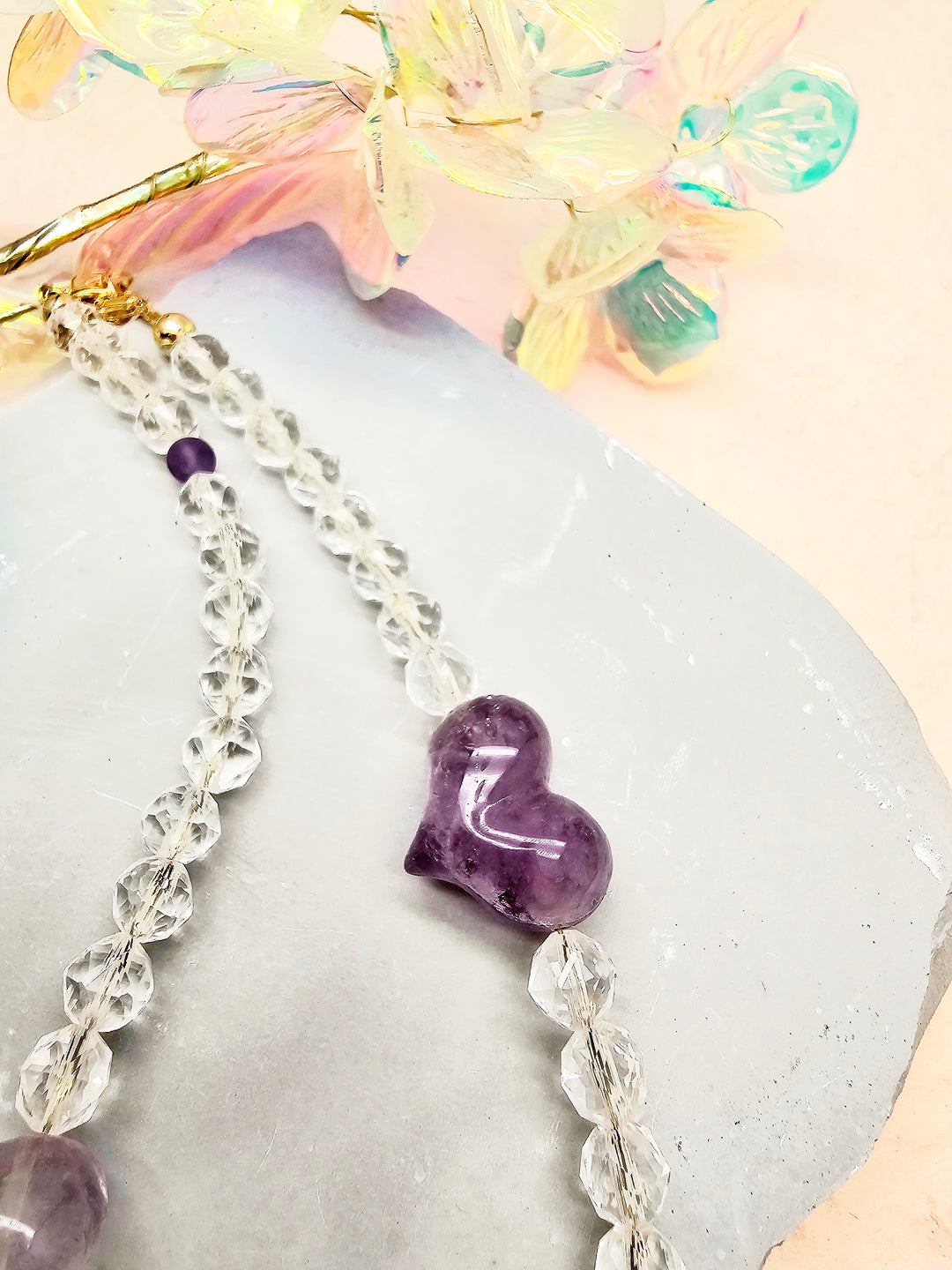 Heart-Shaped Amethyst and White Quartz Attracting Wealth Phone Strap PC040