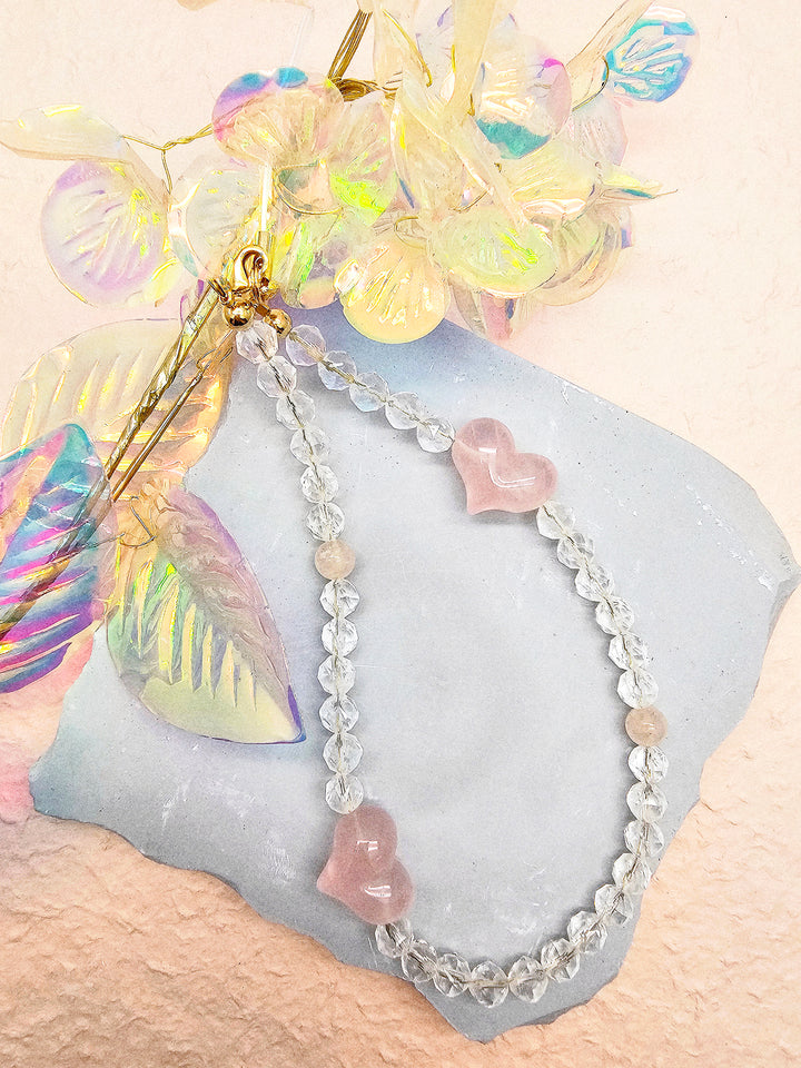 White Quartz With Rose Quartz Hearts Attract Romance Phone Strap PC041