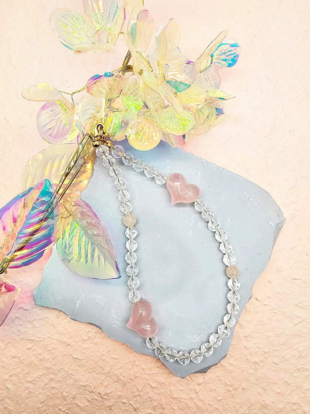 White Quartz With Rose Quartz Hearts Attract Romance Phone Strap PC041