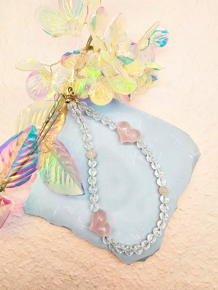 White Quartz With Rose Quartz Hearts Attract Romance Phone Strap PC041