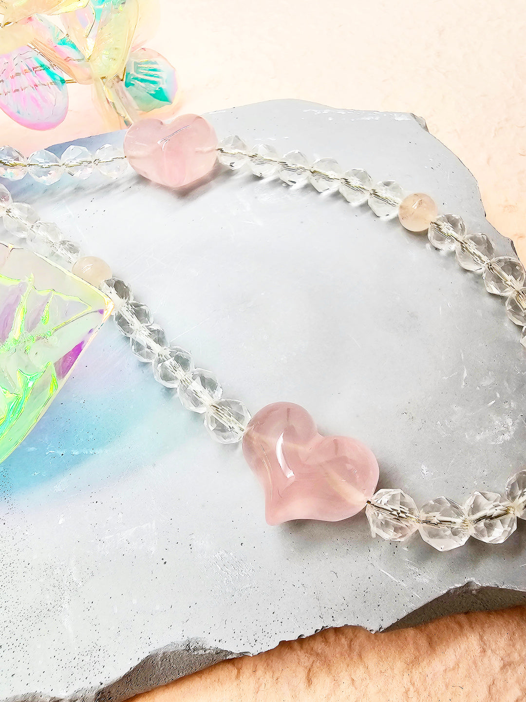 White Quartz With Rose Quartz Hearts Attract Romance Phone Strap PC041