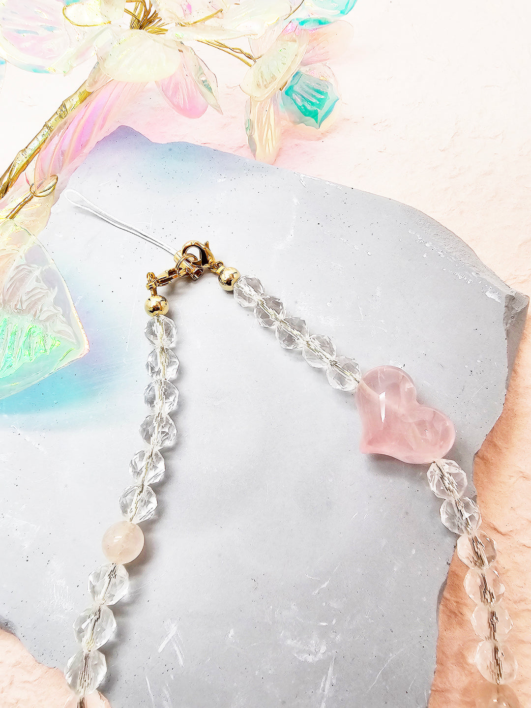 White Quartz With Rose Quartz Hearts Attract Romance Phone Strap PC041