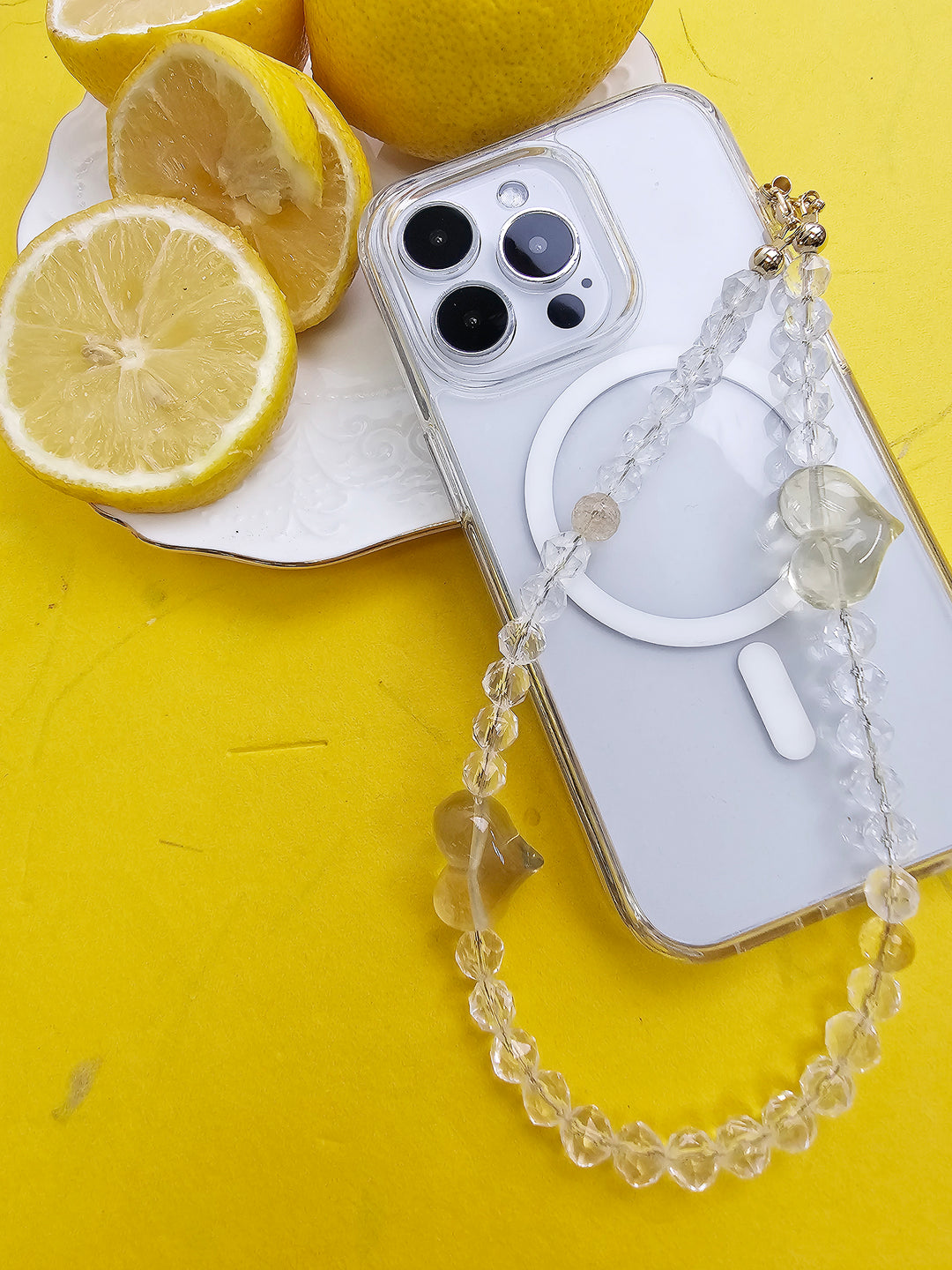 White Quartz With Heart Citrine Gemstone Phone Strap PC042