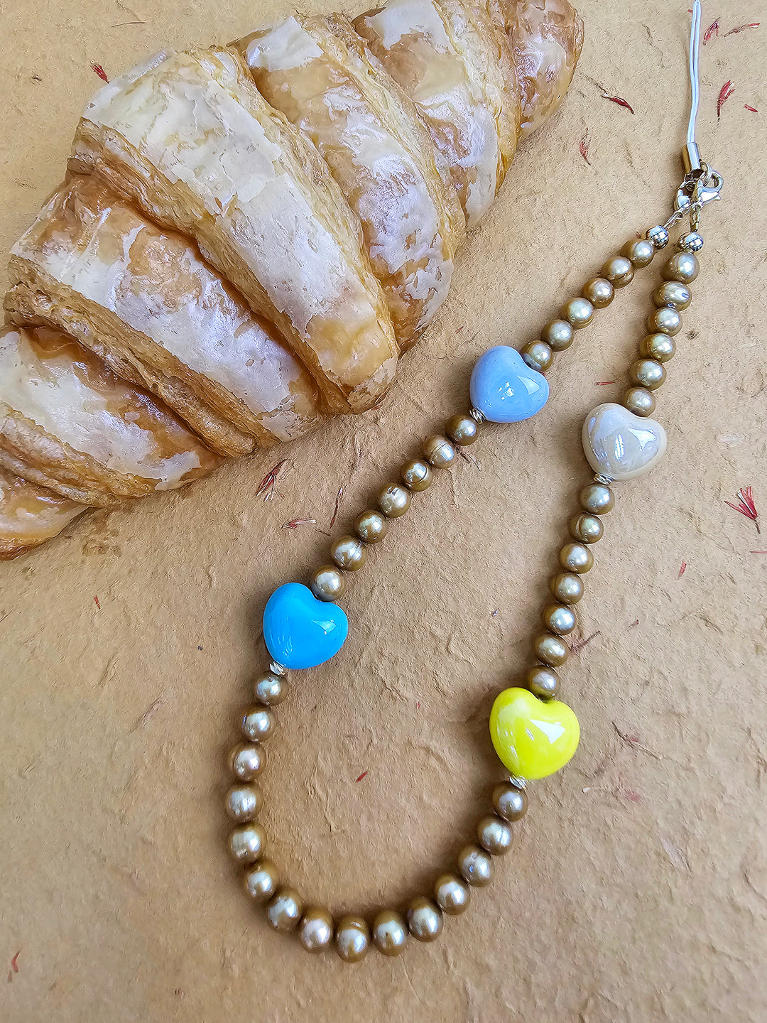 Golden Color Freshwater Pearls With Colorful Ceramic Hearts Phone Strap PC048
