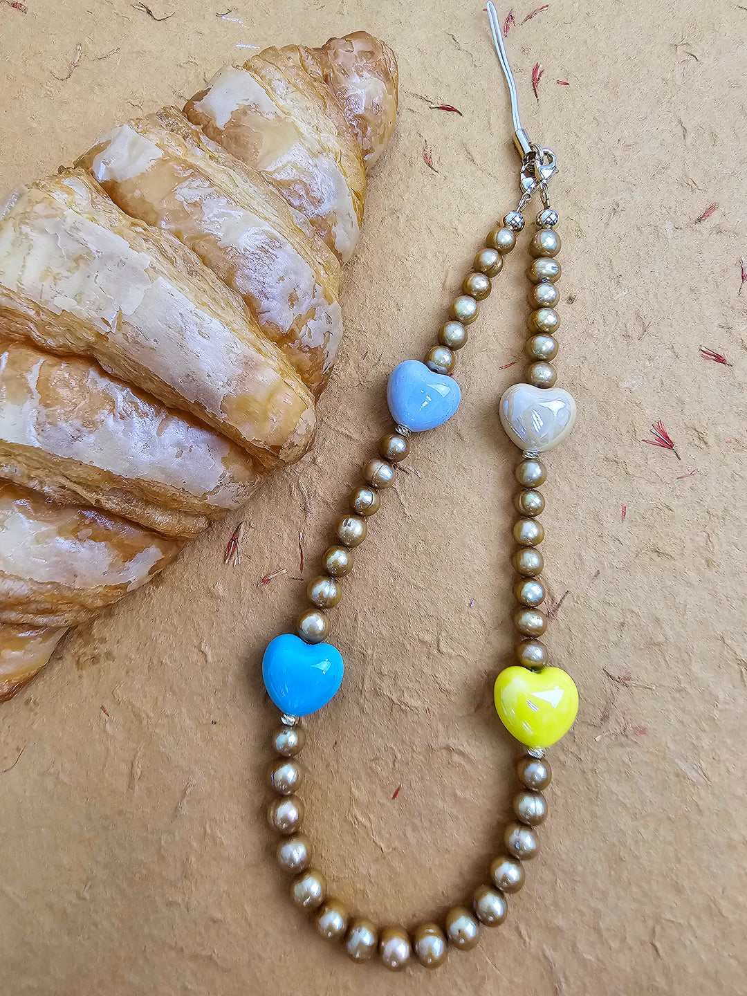 Golden Color Freshwater Pearls With Colorful Ceramic Hearts Phone Strap PC048