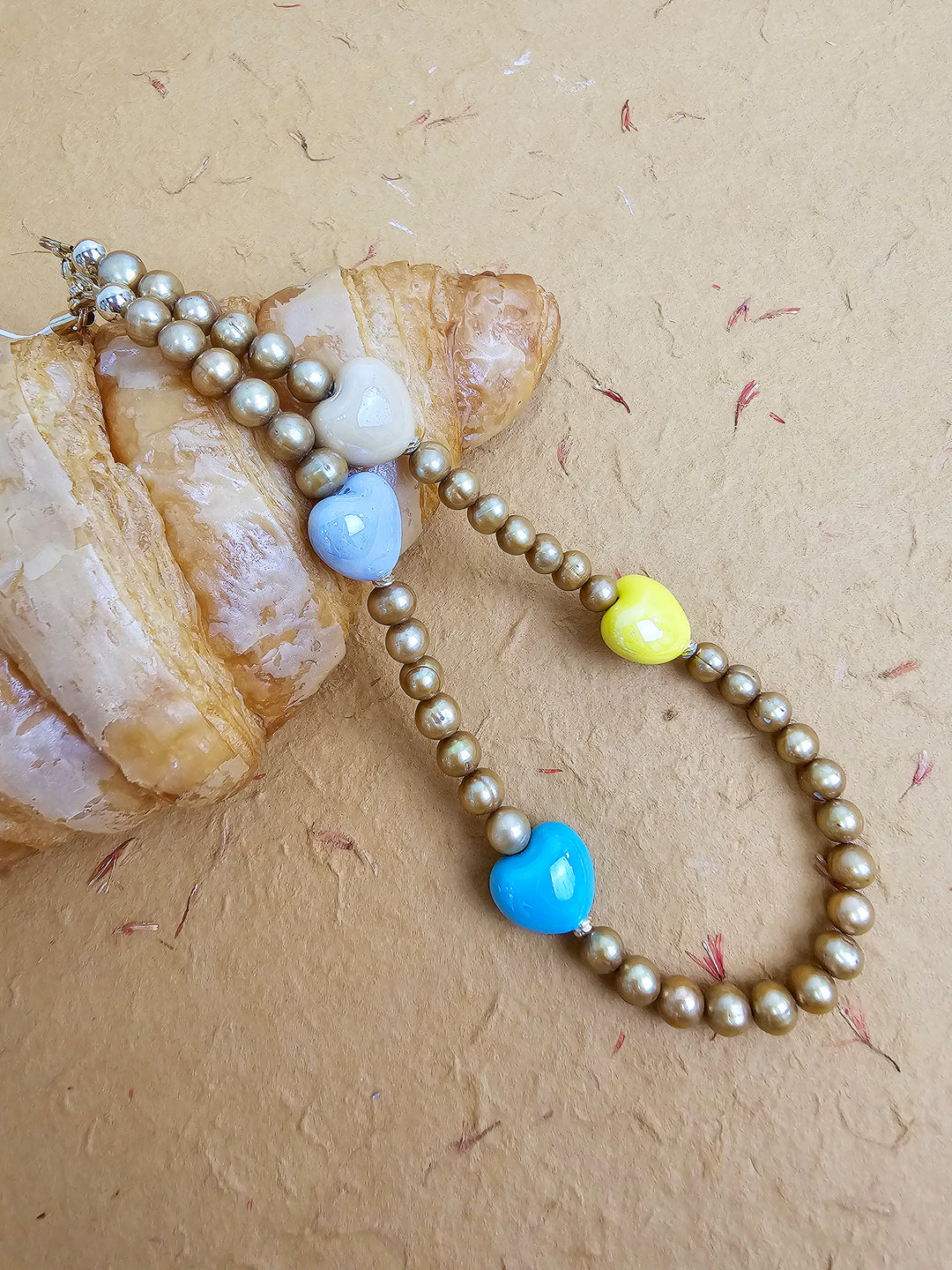 Golden Color Freshwater Pearls With Colorful Ceramic Hearts Phone Strap PC048