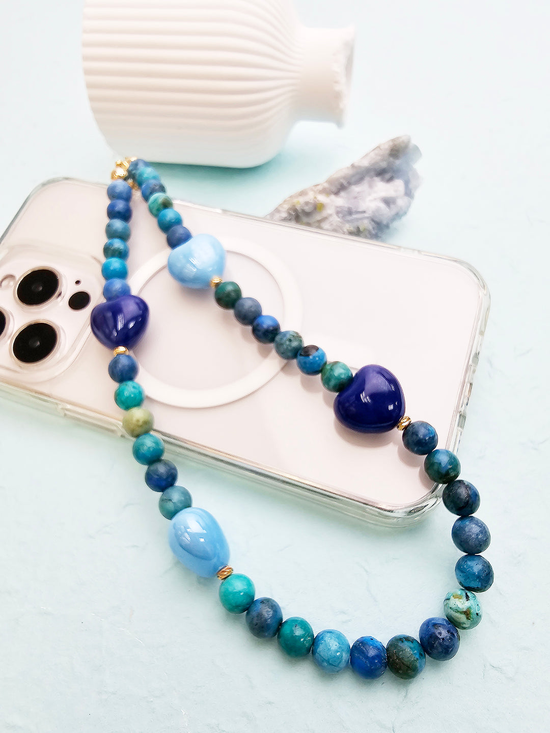 Blue Opal Gemstone With Blue Ceramic Hearts Phone Strap PC049