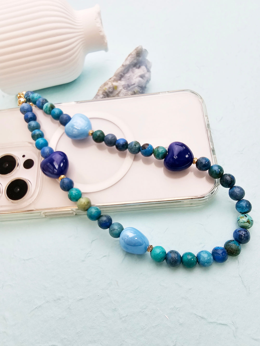 Blue Opal Gemstone With Blue Ceramic Hearts Phone Strap PC049