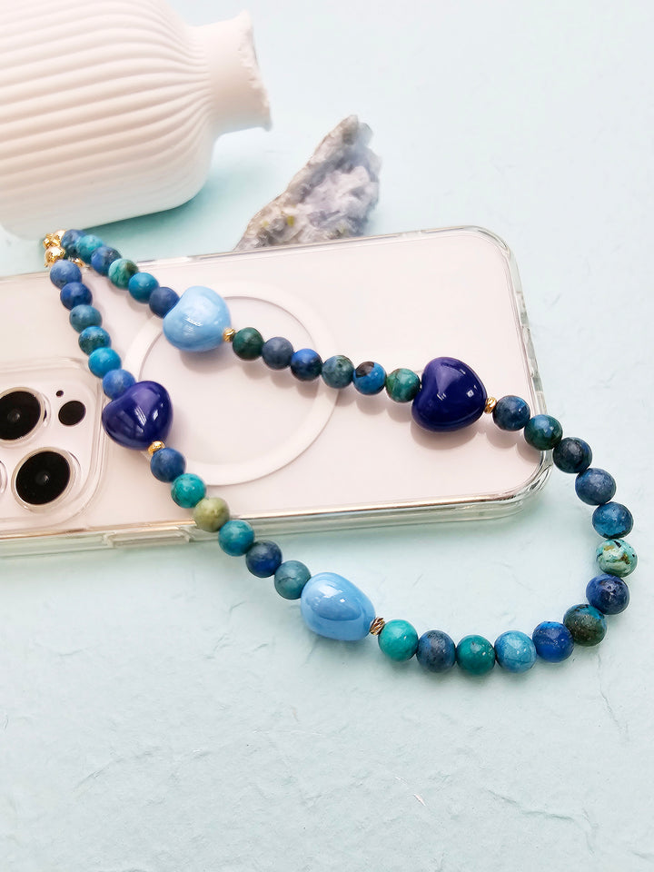 Blue Opal Gemstone With Blue Ceramic Hearts Phone Strap PC049