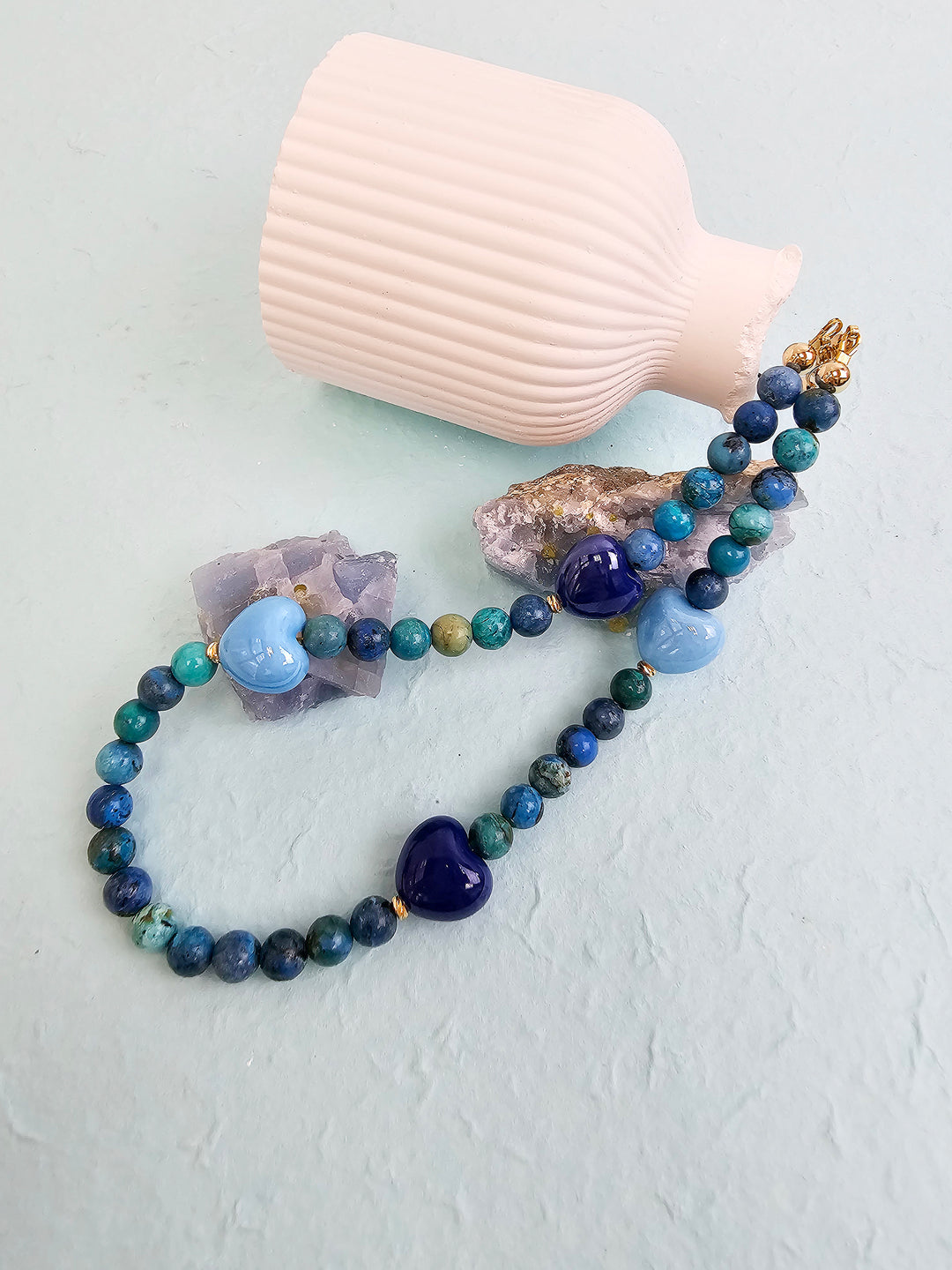 Blue Opal Gemstone With Blue Ceramic Hearts Phone Strap PC049