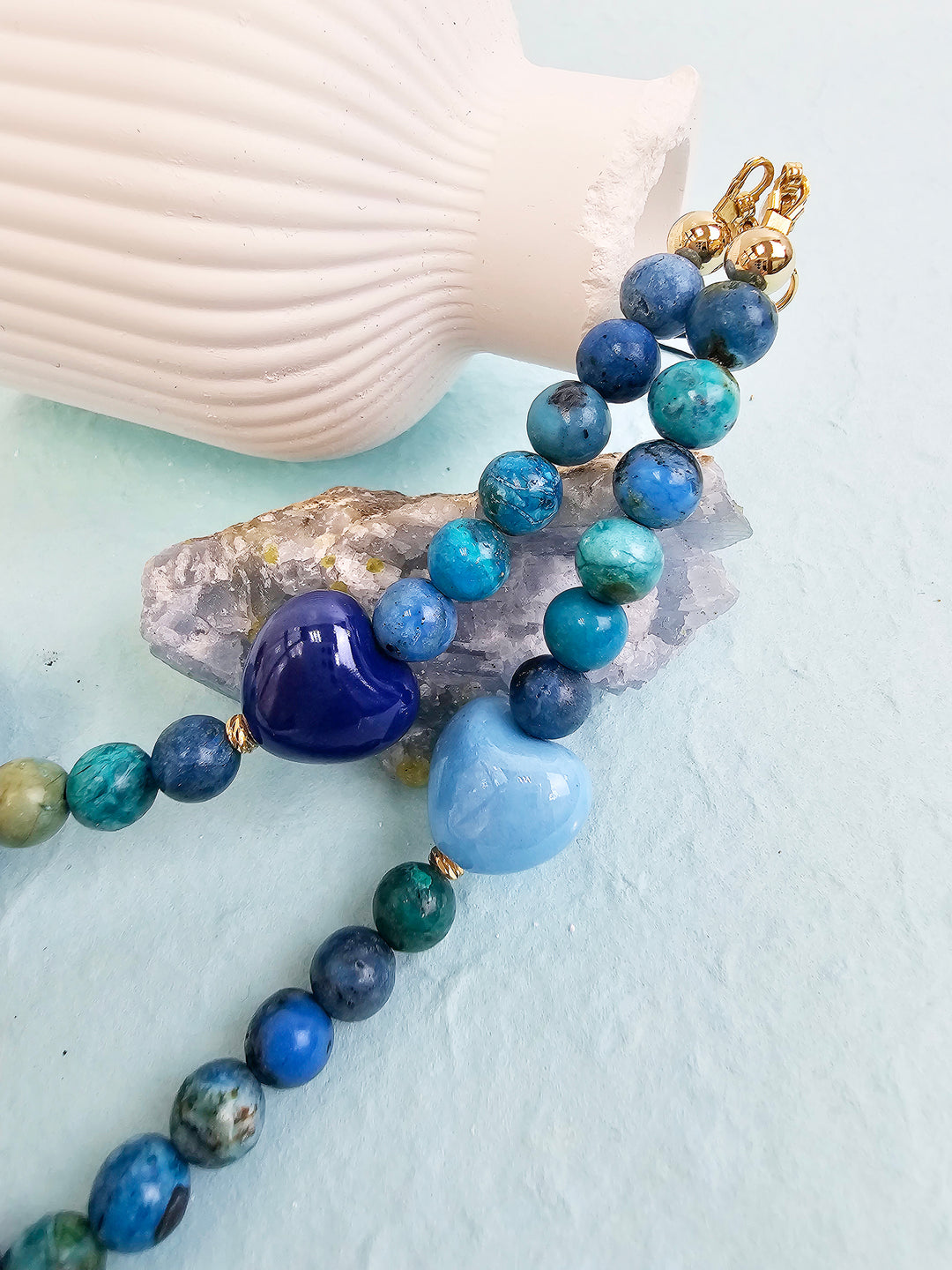 Blue Opal Gemstone With Blue Ceramic Hearts Phone Strap PC049