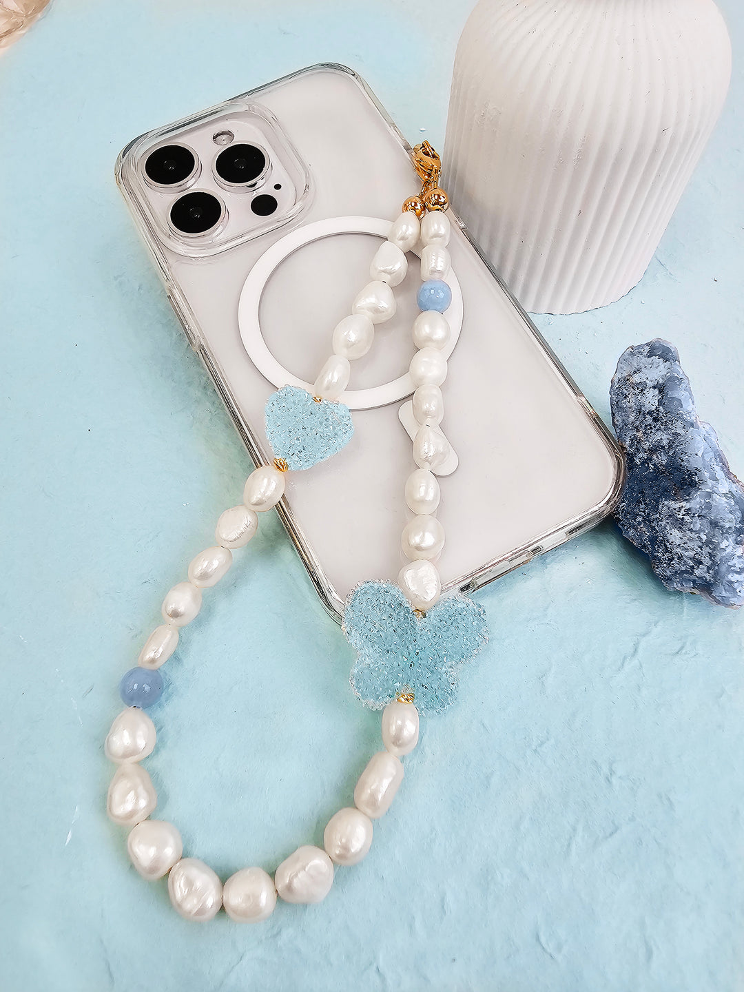 Freshwater Pearls With Blue Candy Style Butterfly Lovely Phone Strap PC051