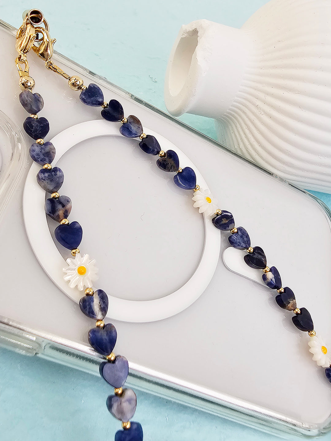 Heart Shaped Sodalite With Shell Flower Gemstone Phone Strap PC073