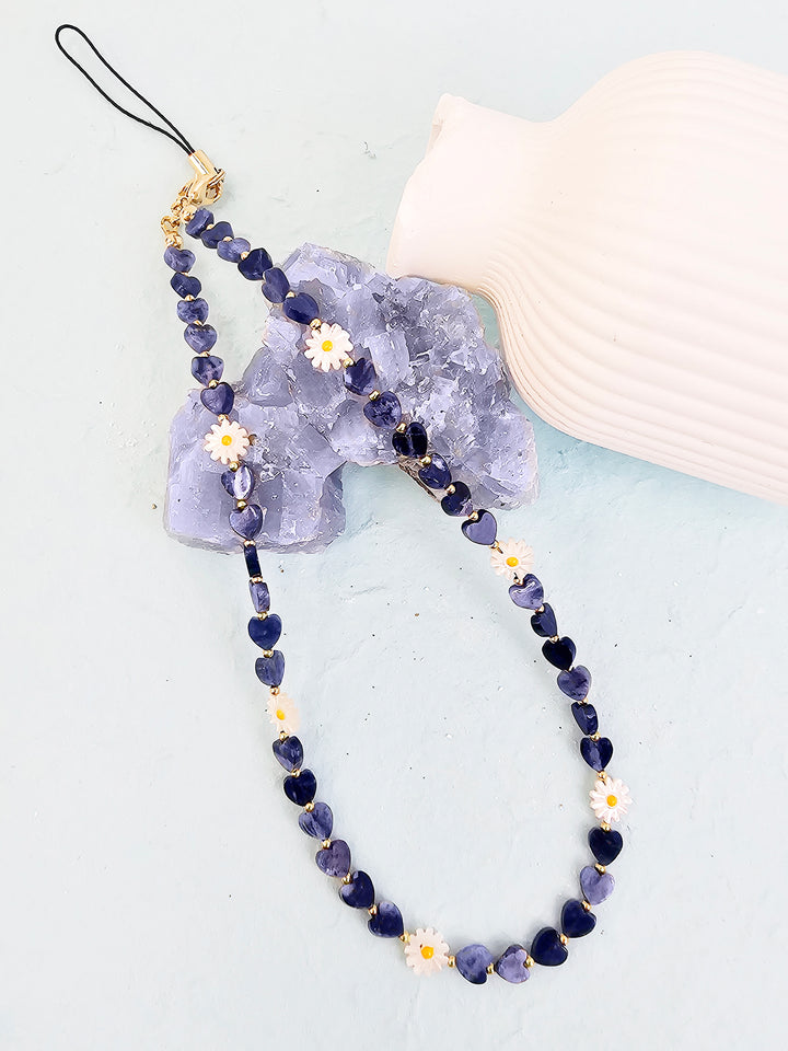Heart Shaped Sodalite With Shell Flower Gemstone Phone Strap PC073