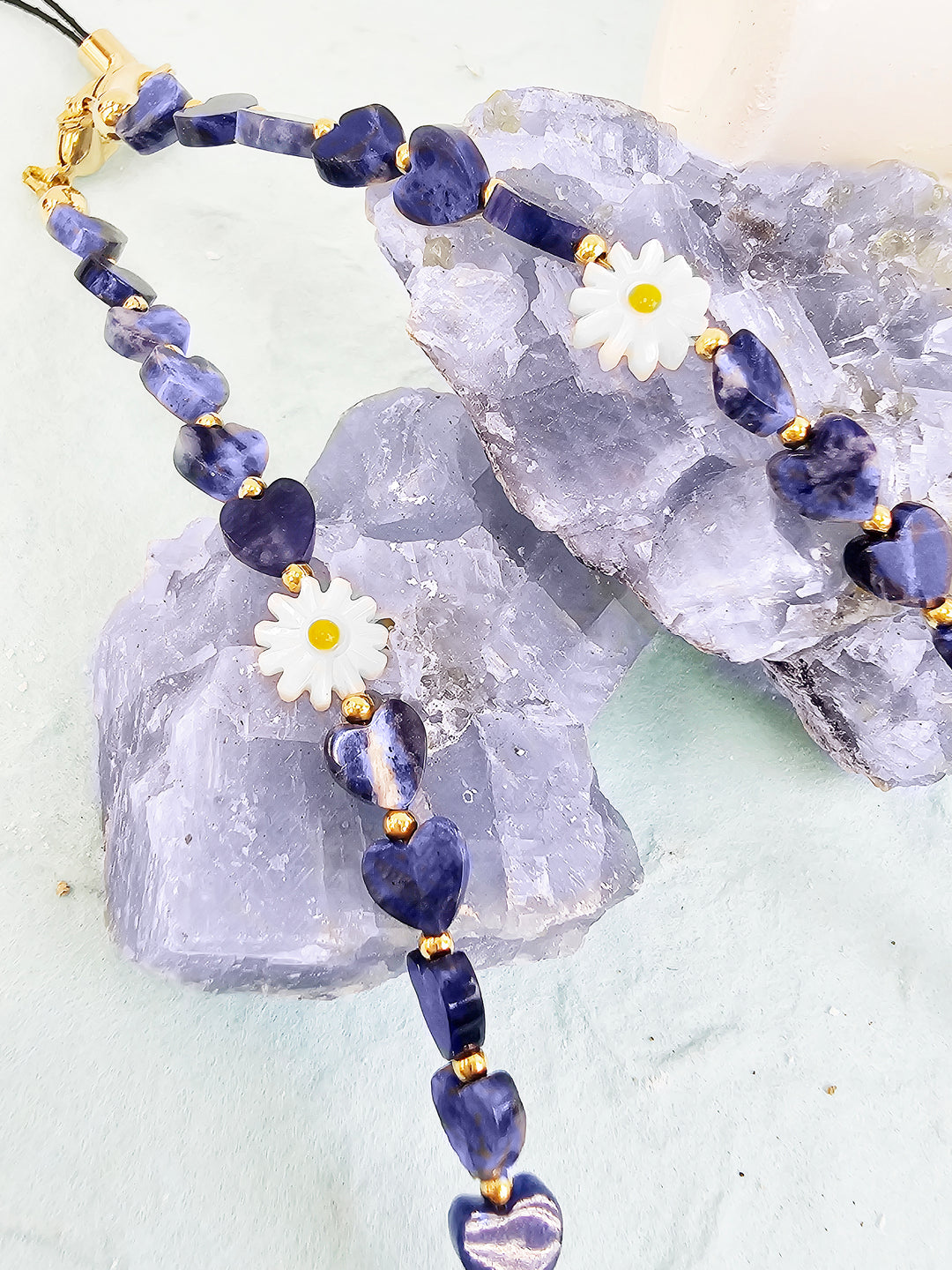 Heart Shaped Sodalite With Shell Flower Gemstone Phone Strap PC073