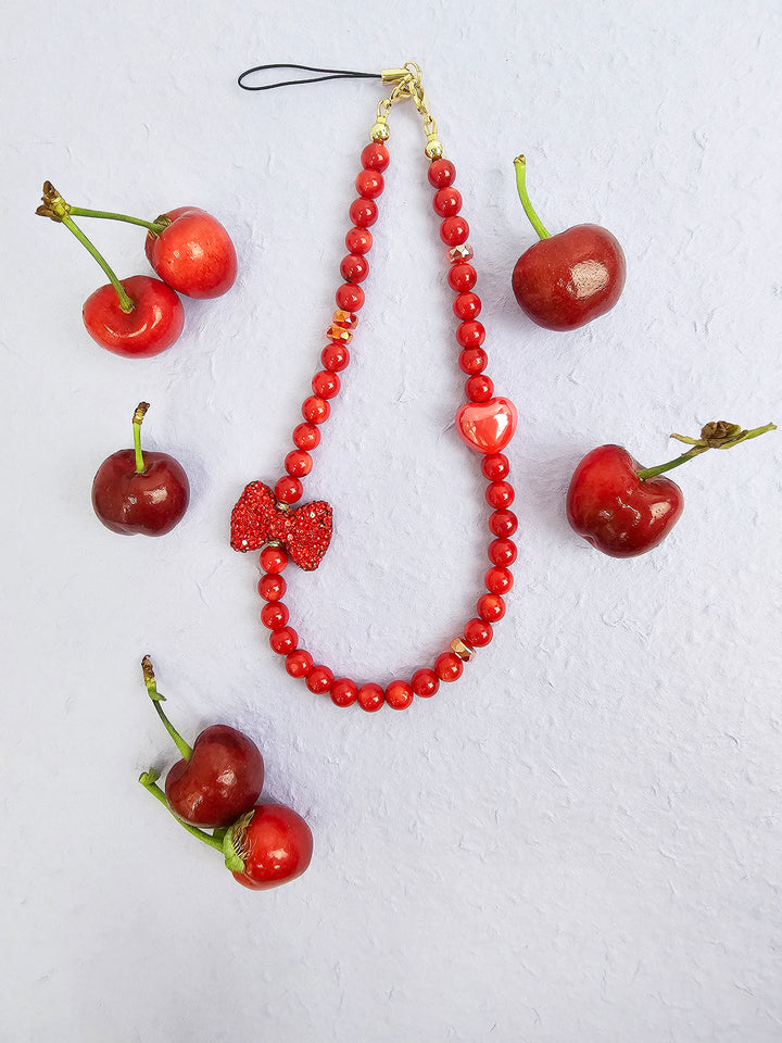 Red Bamboo Coral With Red Rhinestone Butterfly Knot Phone Strap PC069