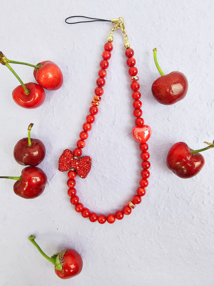 Red Bamboo Coral With Red Rhinestone Butterfly Knot Phone Strap PC069