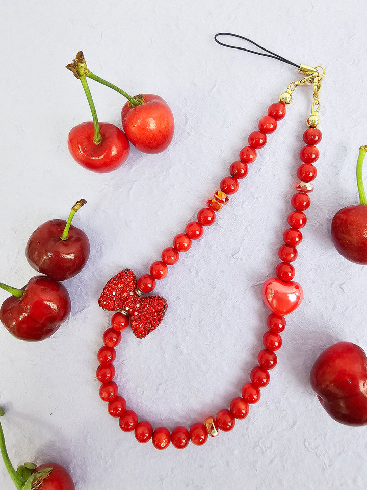 Red Bamboo Coral With Red Rhinestone Butterfly Knot Phone Strap PC069