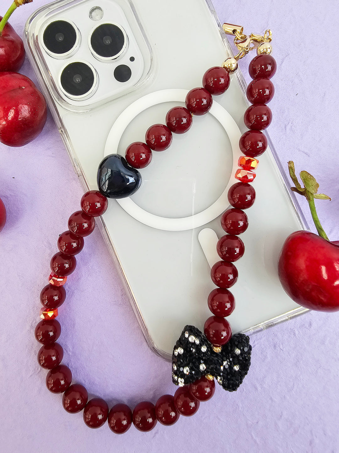 Red Bamboo Coral With Rhinestone Butterfly Knot Phone Strap PC071