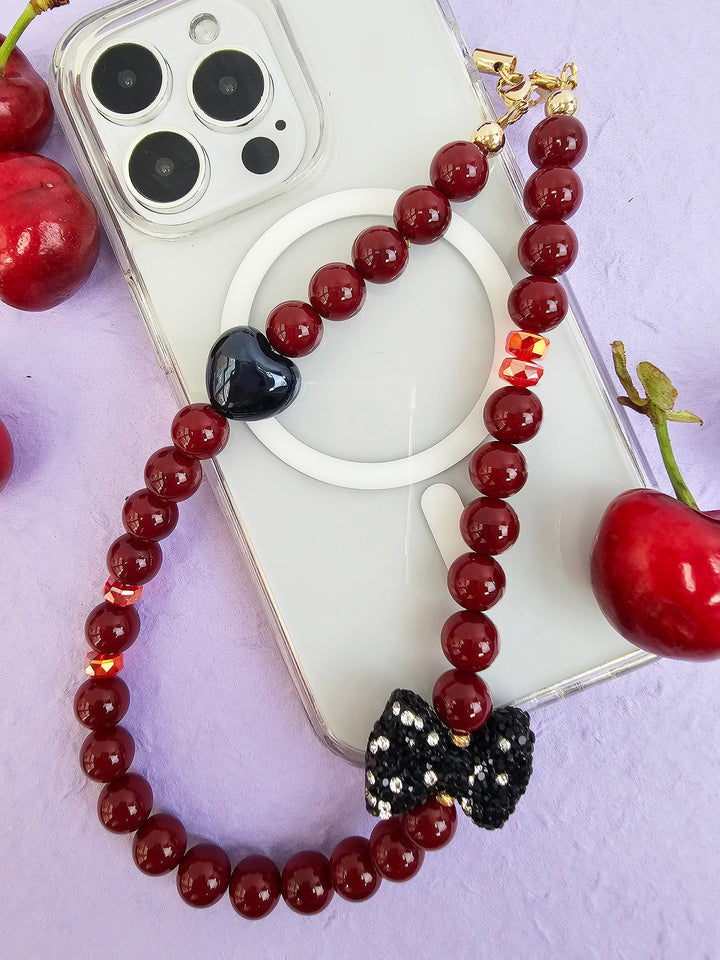 Red Bamboo Coral With Rhinestone Butterfly Knot Phone Strap PC071
