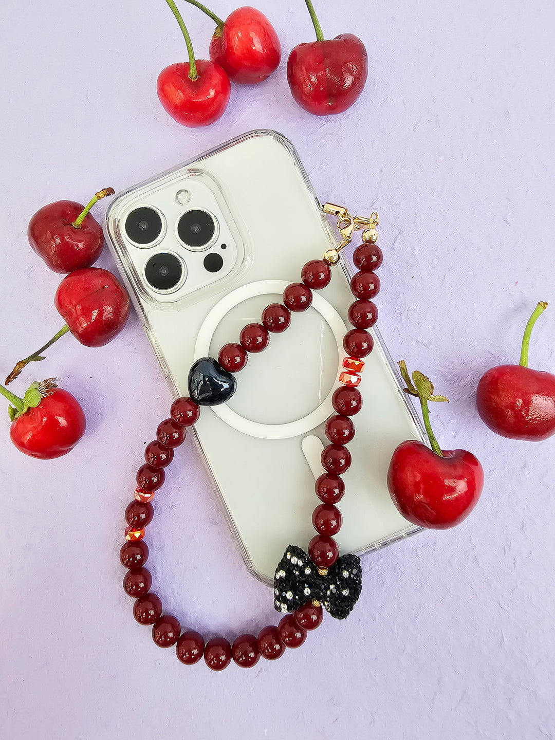 Red Bamboo Coral With Rhinestone Butterfly Knot Phone Strap PC071